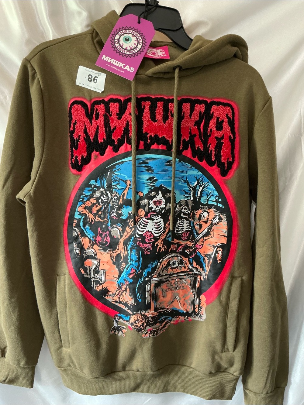 NWT Mishka Olive Graphic Hoodie Sweatshirt with Skeleton Band Print Small